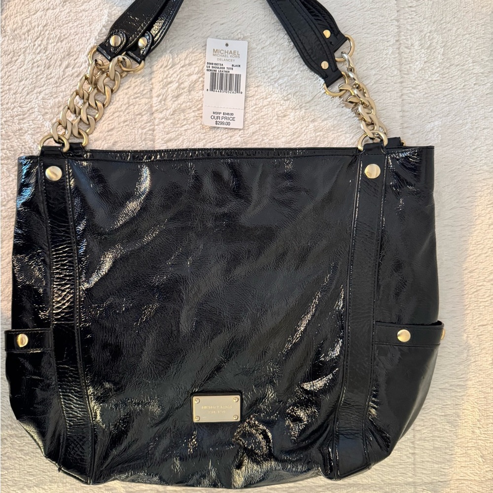 Michael Kors Black Patent Shoulder Bag with Gold Accents